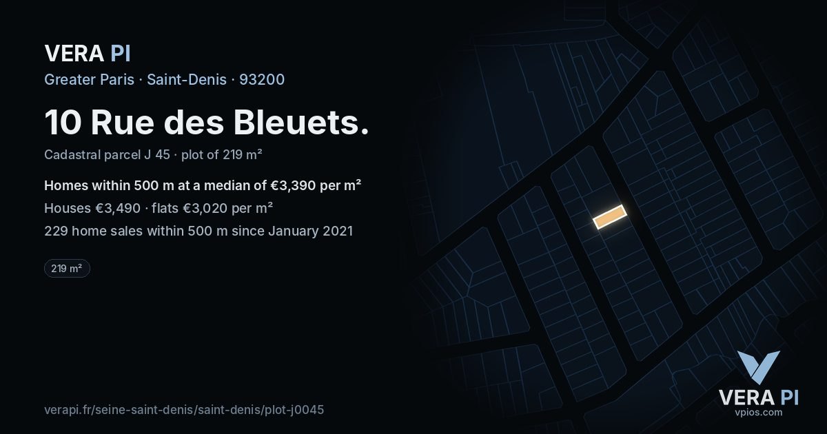 10 Rue des Bleuets, Saint-Denis at night – the plot lit, the parcels around coloured by the prices near them
