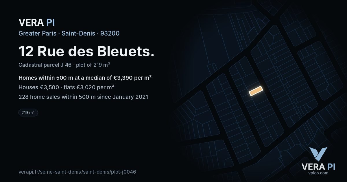 12 Rue des Bleuets, Saint-Denis at night – the plot lit, the parcels around coloured by the prices near them