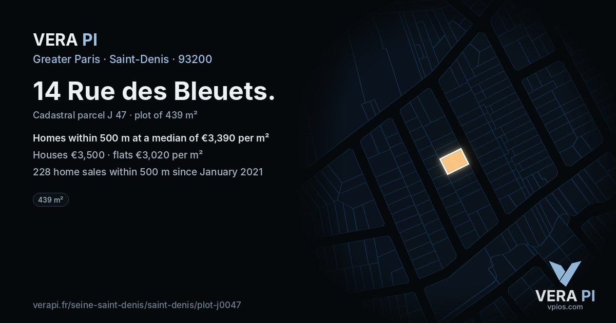 14 Rue des Bleuets, Saint-Denis at night – the plot lit, the parcels around coloured by the prices near them
