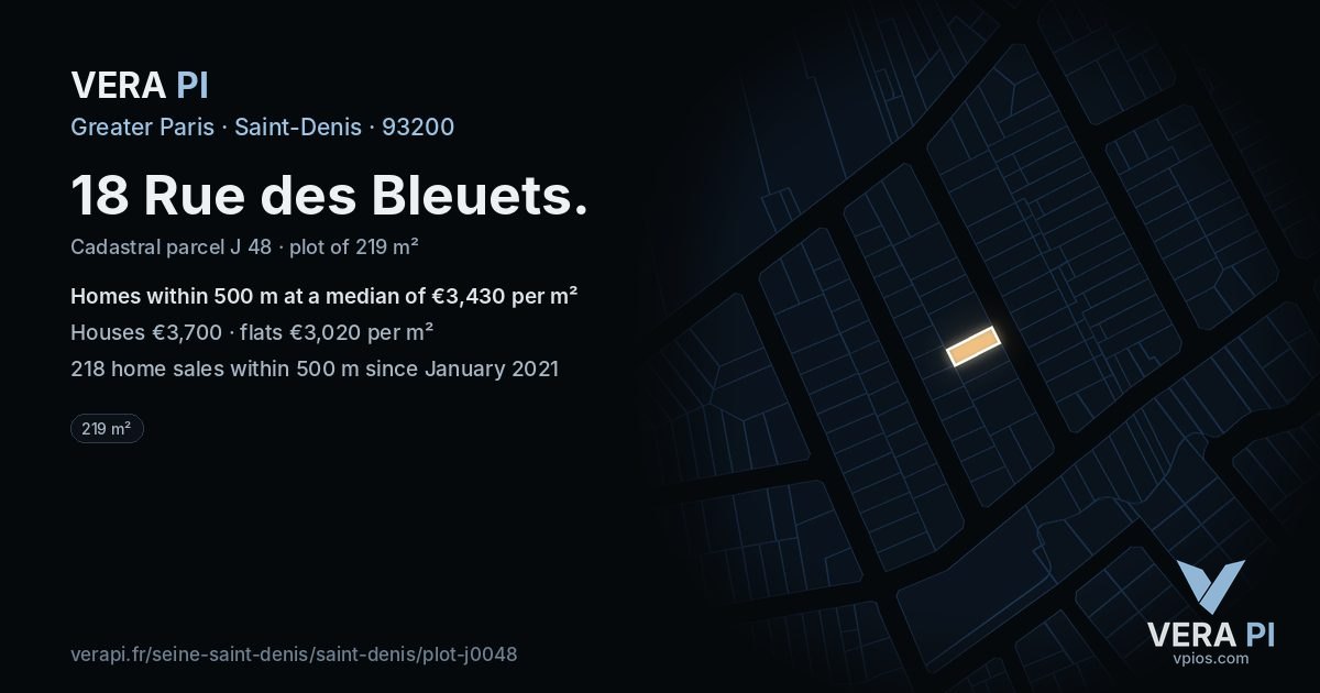 18 Rue des Bleuets, Saint-Denis at night – the plot lit, the parcels around coloured by the prices near them
