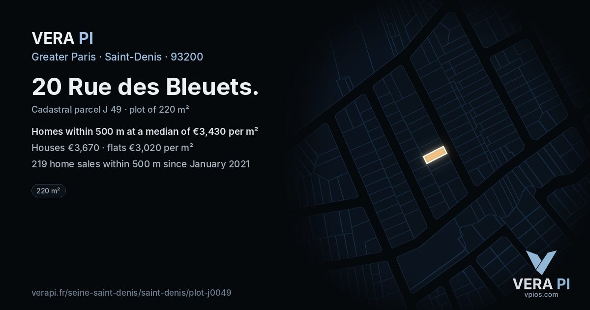 20 Rue des Bleuets, Saint-Denis at night – the plot lit, the parcels around coloured by the prices near them