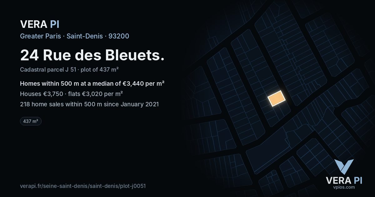 24 Rue des Bleuets, Saint-Denis at night – the plot lit, the parcels around coloured by the prices near them