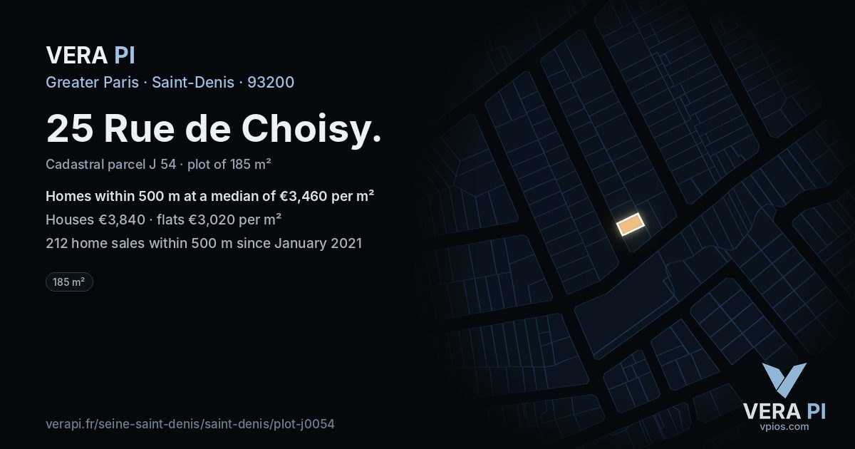 25 Rue de Choisy, Saint-Denis at night – the plot lit, the parcels around coloured by the prices near them