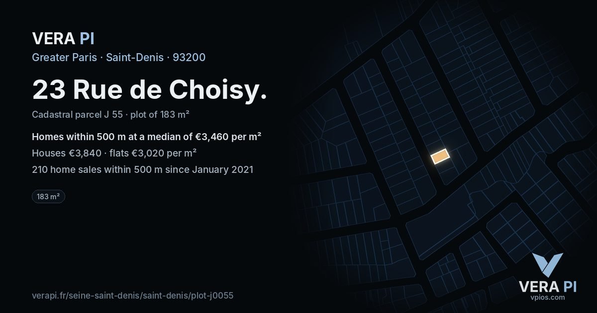 23 Rue de Choisy, Saint-Denis at night – the plot lit, the parcels around coloured by the prices near them