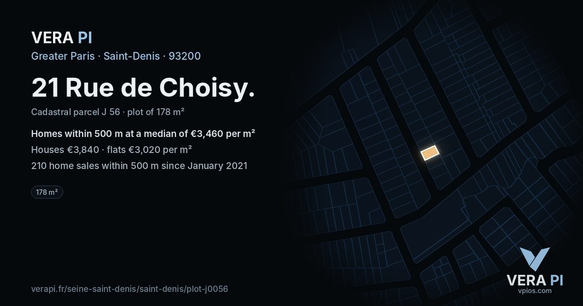 21 Rue de Choisy, Saint-Denis at night – the plot lit, the parcels around coloured by the prices near them
