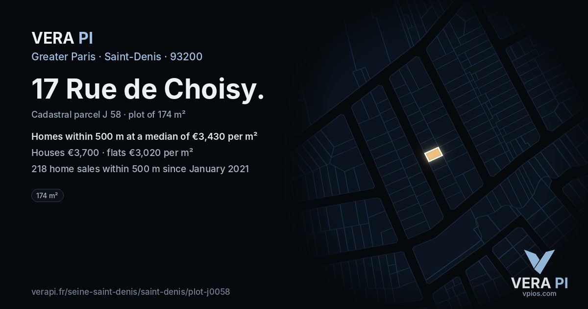 17 Rue de Choisy, Saint-Denis at night – the plot lit, the parcels around coloured by the prices near them
