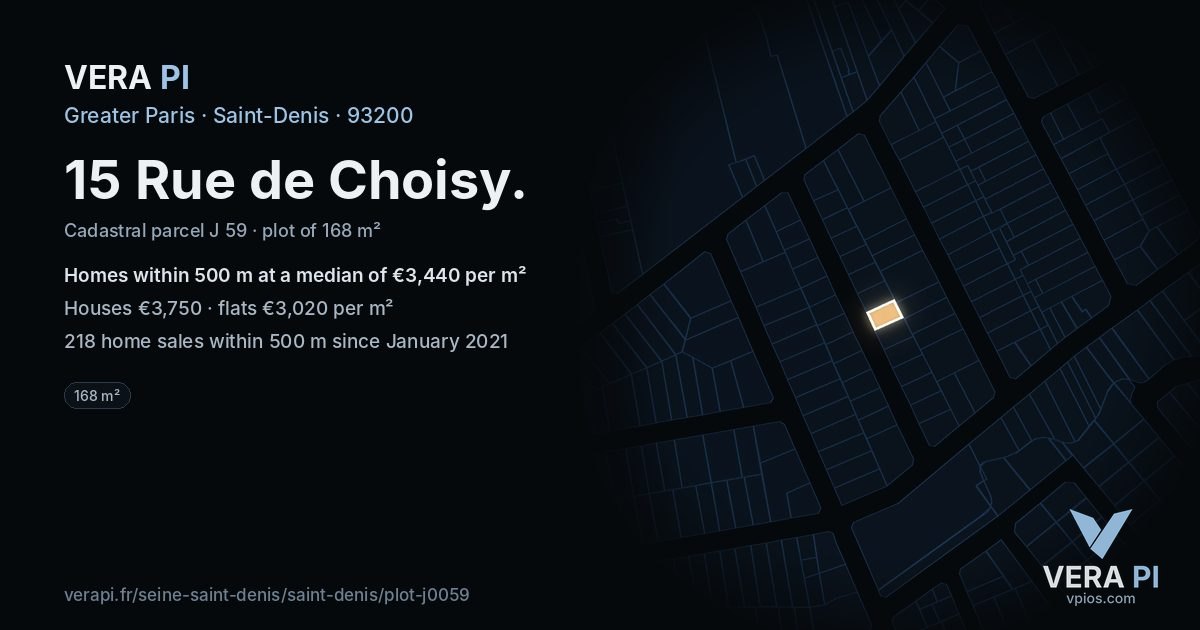 15 Rue de Choisy, Saint-Denis at night – the plot lit, the parcels around coloured by the prices near them