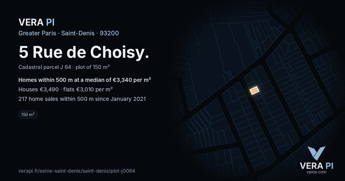 5 Rue de Choisy, Saint-Denis at night – the plot lit, the parcels around coloured by the prices near them