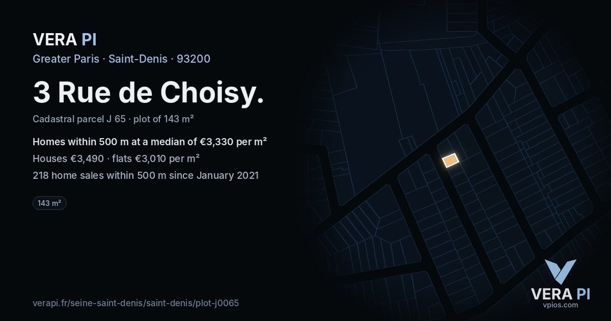 3 Rue de Choisy, Saint-Denis at night – the plot lit, the parcels around coloured by the prices near them
