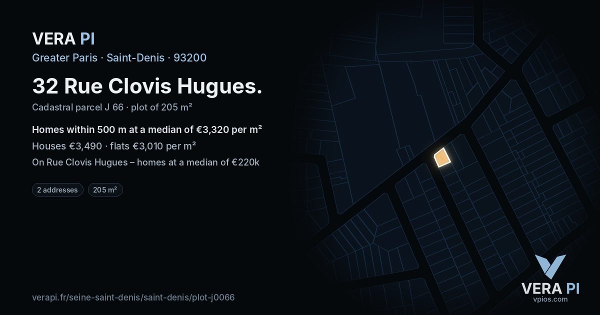 32 Rue Clovis Hugues, Saint-Denis at night – the plot lit, the parcels around coloured by the prices near them