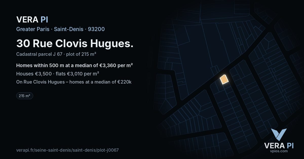 30 Rue Clovis Hugues, Saint-Denis at night – the plot lit, the parcels around coloured by the prices near them