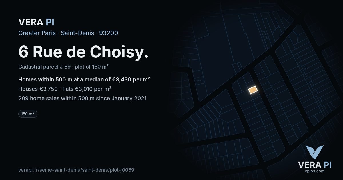 6 Rue de Choisy, Saint-Denis at night – the plot lit, the parcels around coloured by the prices near them