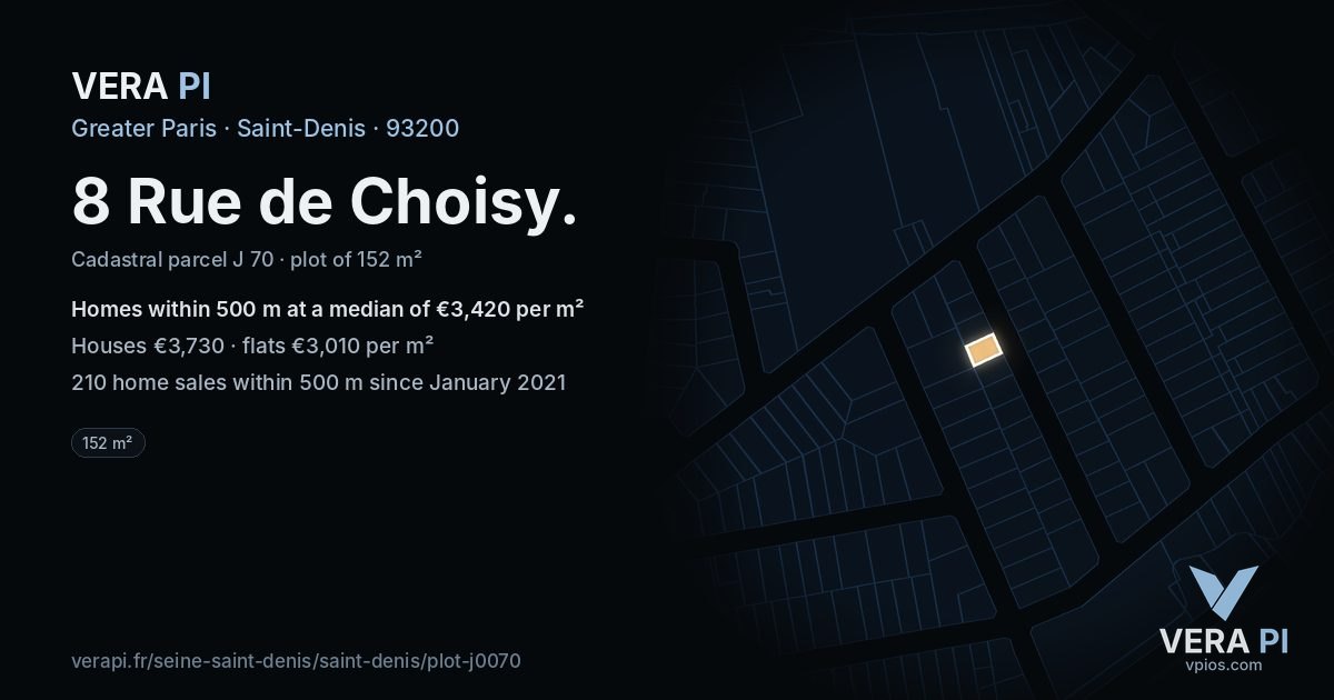 8 Rue de Choisy, Saint-Denis at night – the plot lit, the parcels around coloured by the prices near them