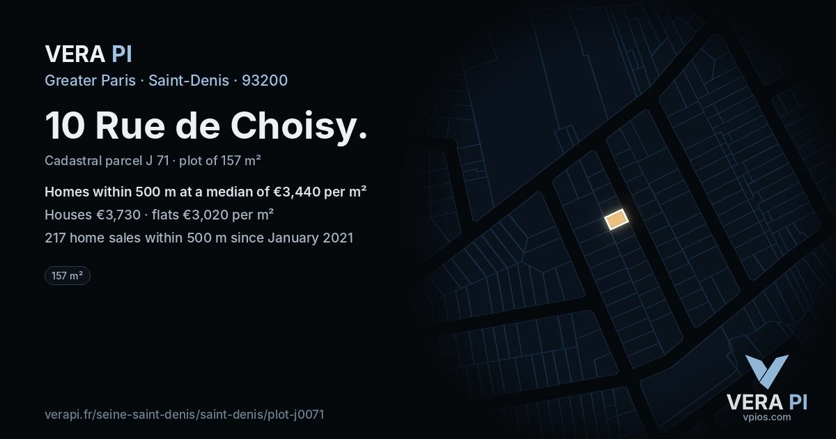 10 Rue de Choisy, Saint-Denis at night – the plot lit, the parcels around coloured by the prices near them