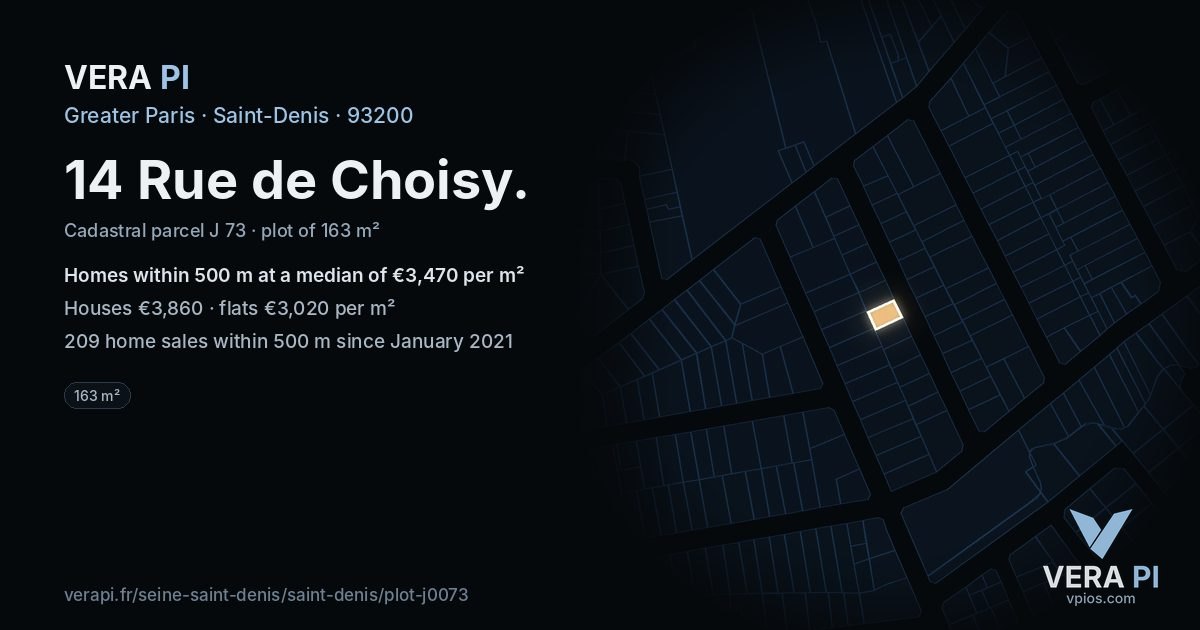 14 Rue de Choisy, Saint-Denis at night – the plot lit, the parcels around coloured by the prices near them