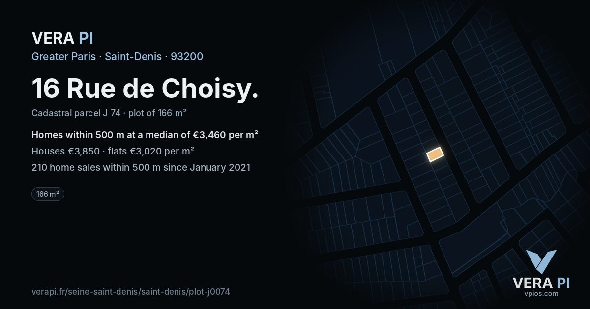 16 Rue de Choisy, Saint-Denis at night – the plot lit, the parcels around coloured by the prices near them