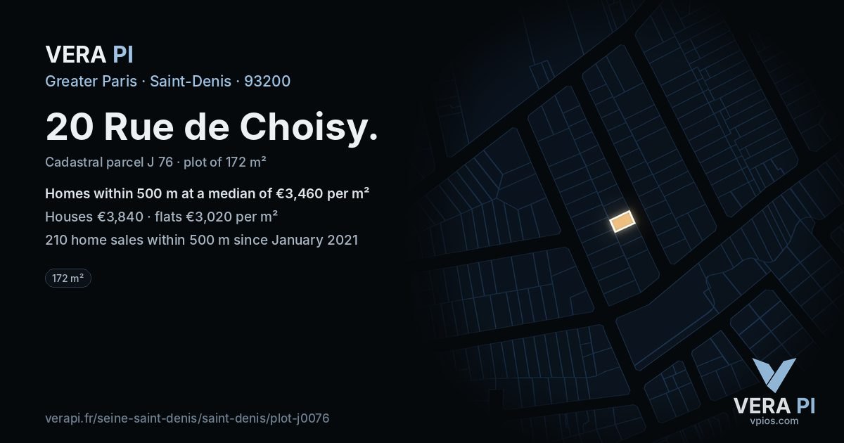 20 Rue de Choisy, Saint-Denis at night – the plot lit, the parcels around coloured by the prices near them