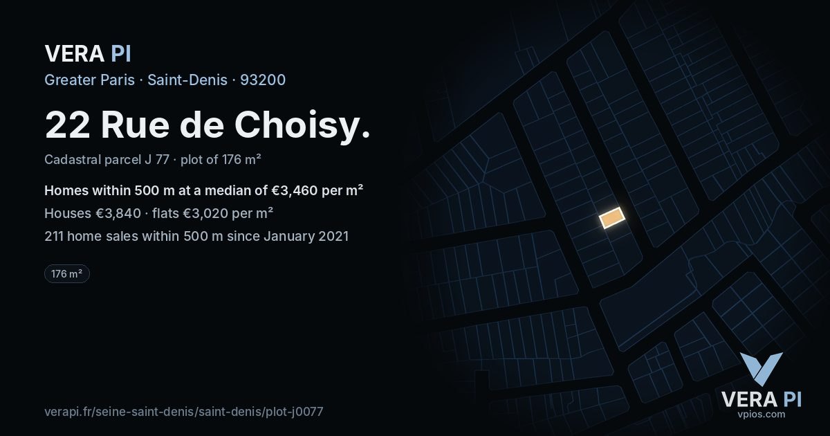 22 Rue de Choisy, Saint-Denis at night – the plot lit, the parcels around coloured by the prices near them