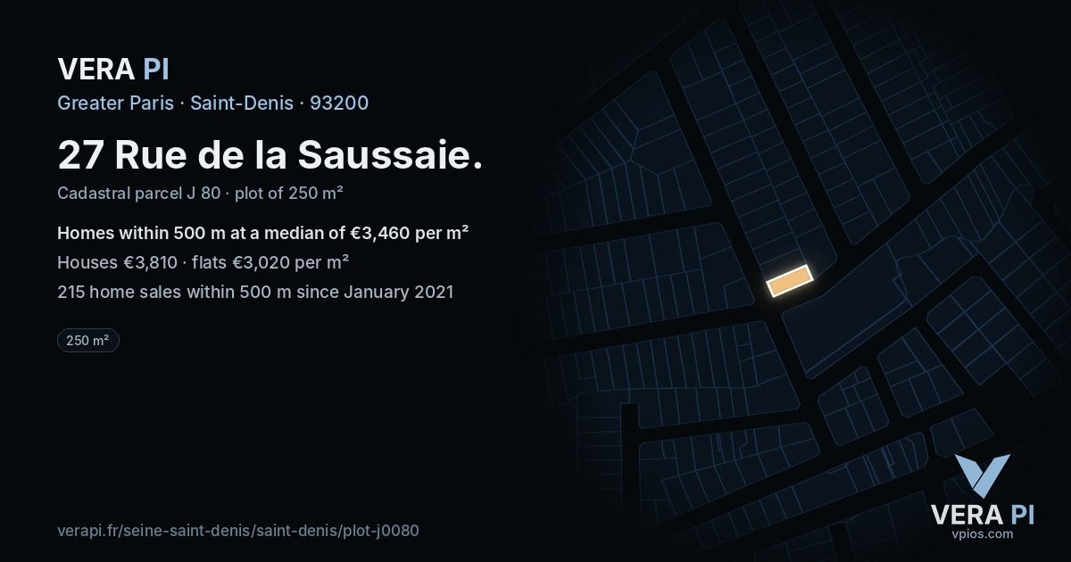 27 Rue de la Saussaie, Saint-Denis at night – the plot lit, the parcels around coloured by the prices near them