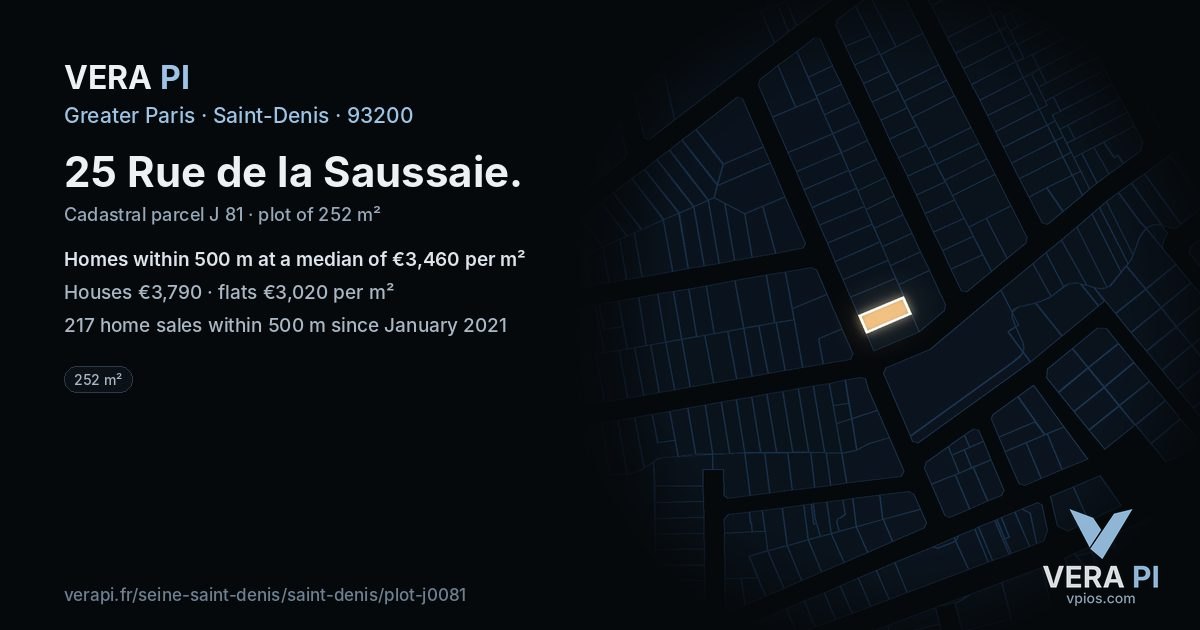 25 Rue de la Saussaie, Saint-Denis at night – the plot lit, the parcels around coloured by the prices near them