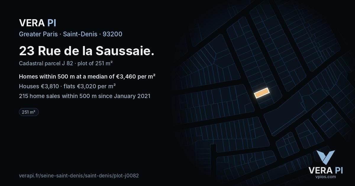 23 Rue de la Saussaie, Saint-Denis at night – the plot lit, the parcels around coloured by the prices near them
