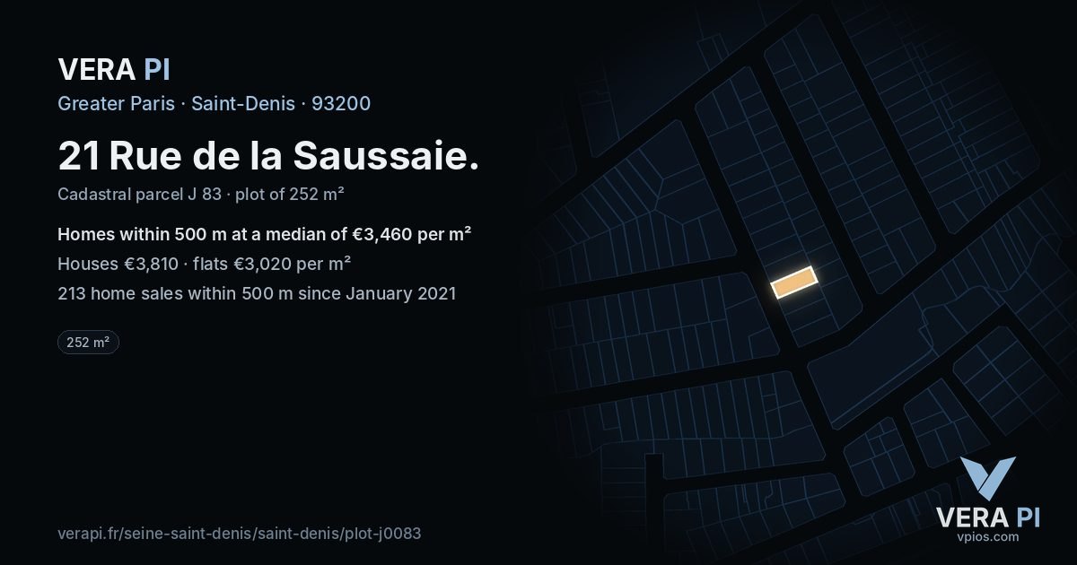 21 Rue de la Saussaie, Saint-Denis at night – the plot lit, the parcels around coloured by the prices near them