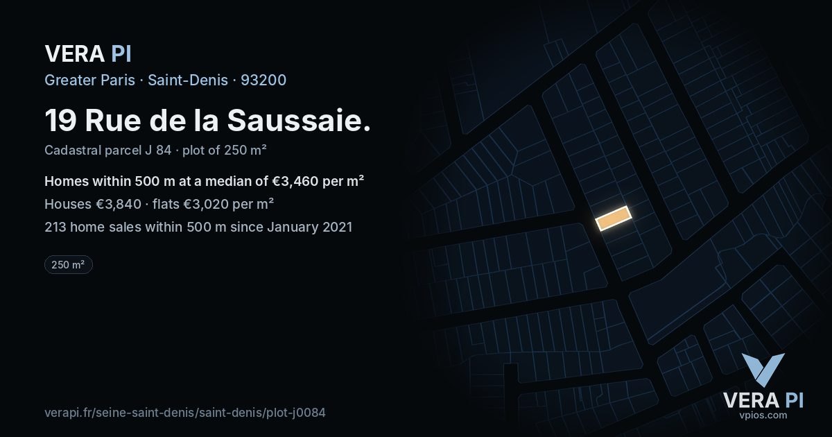 19 Rue de la Saussaie, Saint-Denis at night – the plot lit, the parcels around coloured by the prices near them