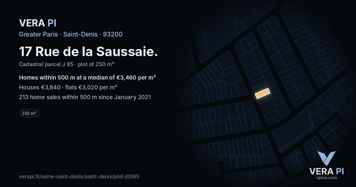 17 Rue de la Saussaie, Saint-Denis at night – the plot lit, the parcels around coloured by the prices near them
