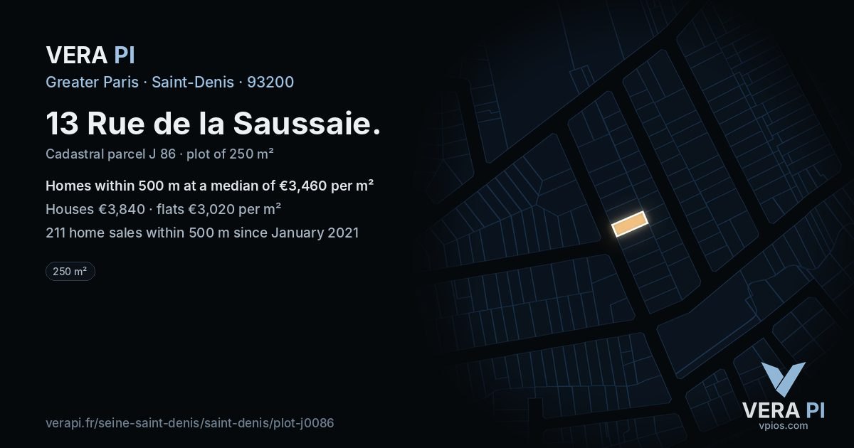 13 Rue de la Saussaie, Saint-Denis at night – the plot lit, the parcels around coloured by the prices near them