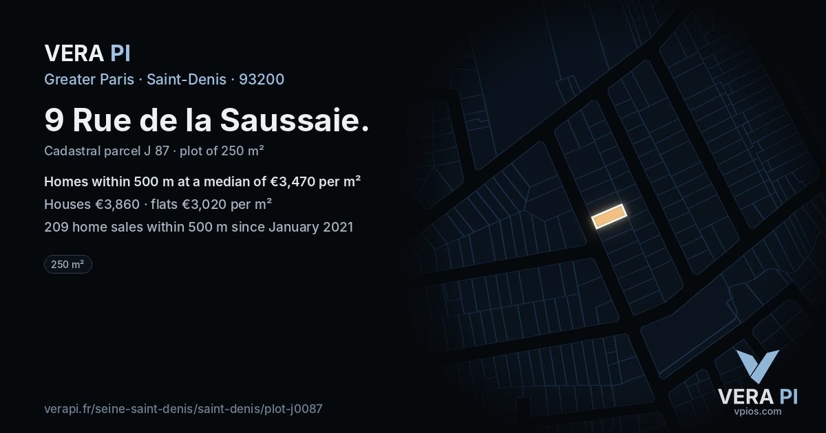 9 Rue de la Saussaie, Saint-Denis at night – the plot lit, the parcels around coloured by the prices near them