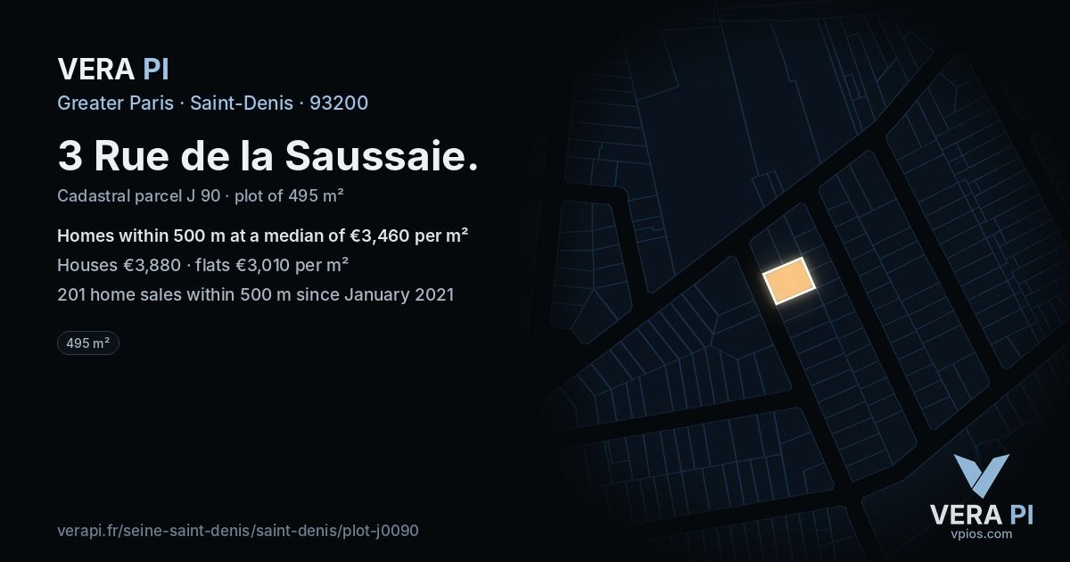 3 Rue de la Saussaie, Saint-Denis at night – the plot lit, the parcels around coloured by the prices near them