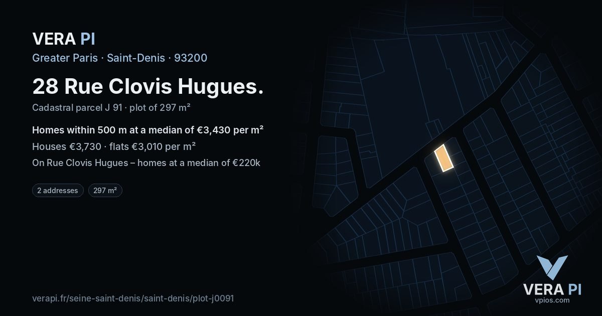 28 Rue Clovis Hugues, Saint-Denis at night – the plot lit, the parcels around coloured by the prices near them