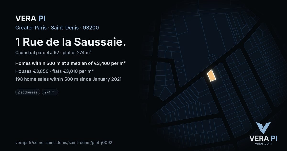 1 Rue de la Saussaie, Saint-Denis at night – the plot lit, the parcels around coloured by the prices near them