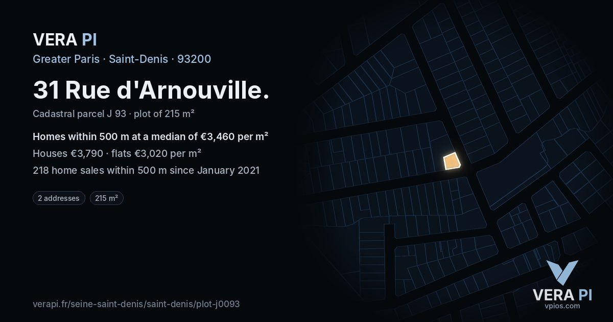 31 Rue d'Arnouville, Saint-Denis at night – the plot lit, the parcels around coloured by the prices near them