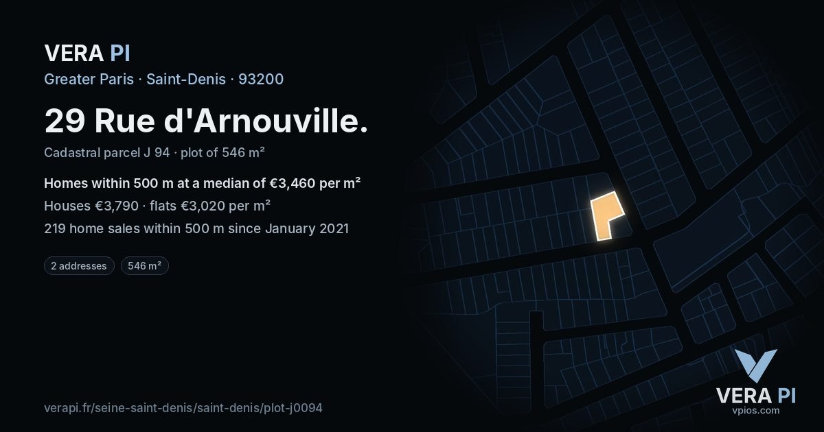 29 Rue d'Arnouville, Saint-Denis at night – the plot lit, the parcels around coloured by the prices near them