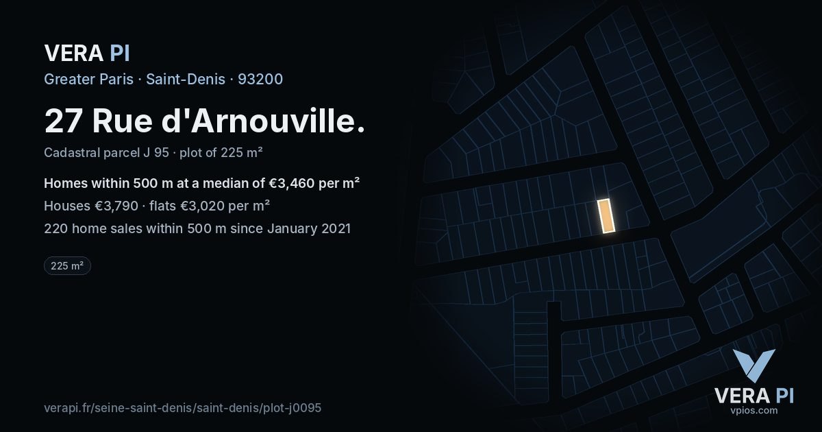 27 Rue d'Arnouville, Saint-Denis at night – the plot lit, the parcels around coloured by the prices near them