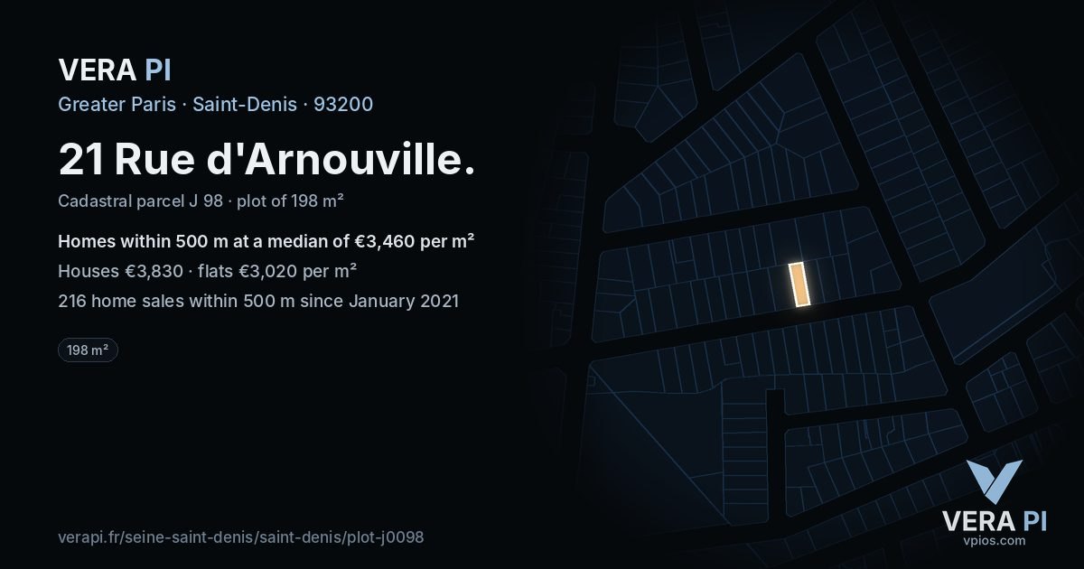 21 Rue d'Arnouville, Saint-Denis at night – the plot lit, the parcels around coloured by the prices near them