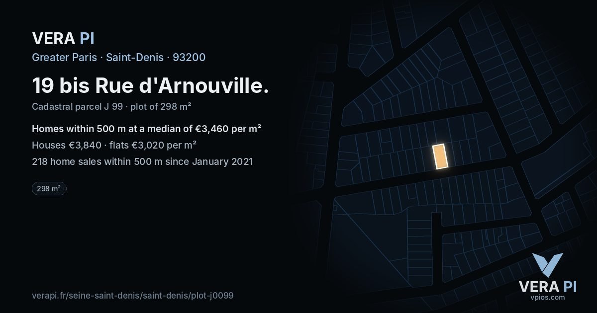 19 bis Rue d'Arnouville, Saint-Denis at night – the plot lit, the parcels around coloured by the prices near them