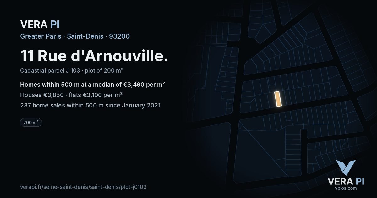 11 Rue d'Arnouville, Saint-Denis at night – the plot lit, the parcels around coloured by the prices near them