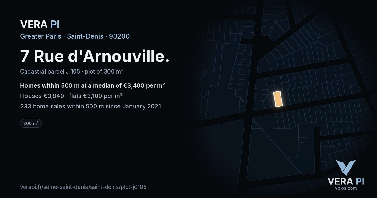 7 Rue d'Arnouville, Saint-Denis at night – the plot lit, the parcels around coloured by the prices near them