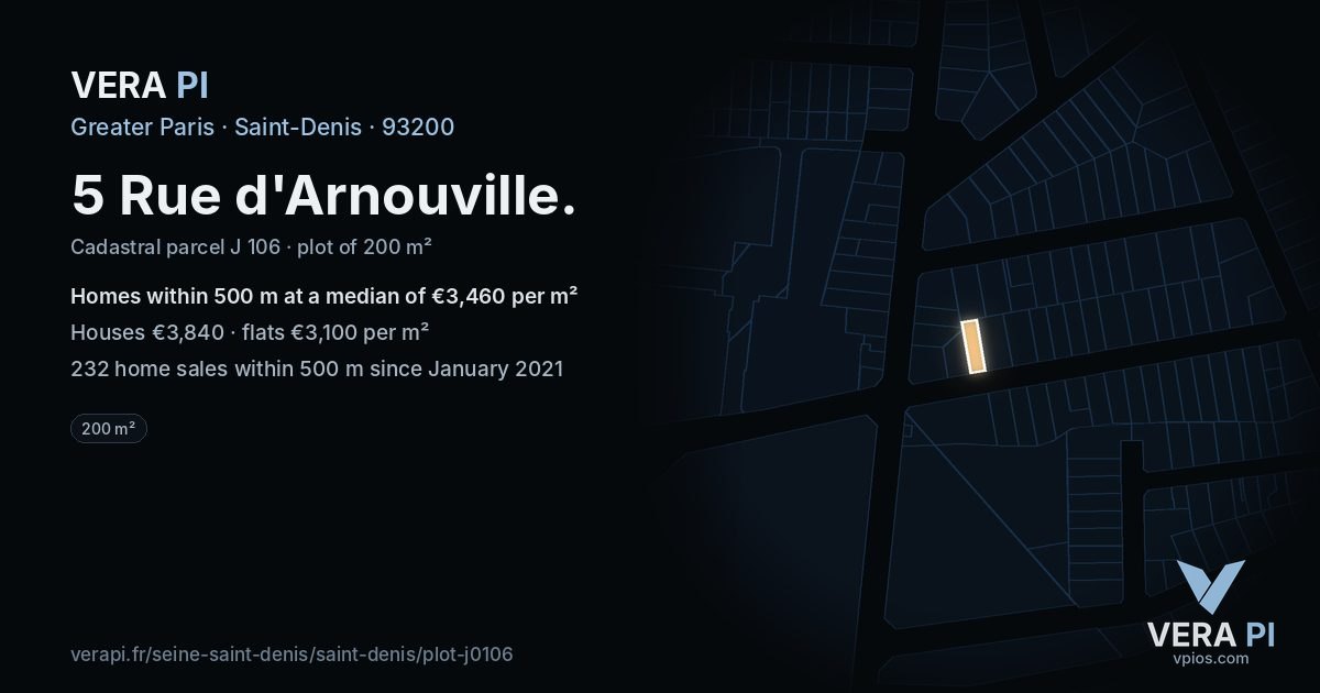 5 Rue d'Arnouville, Saint-Denis at night – the plot lit, the parcels around coloured by the prices near them