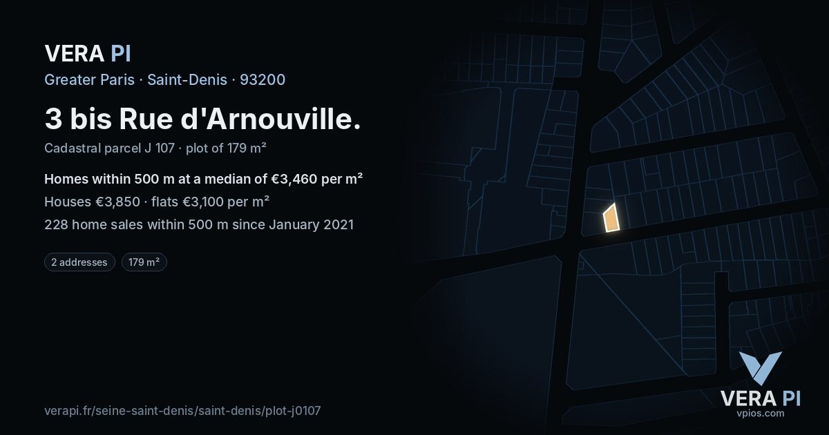 3 bis Rue d'Arnouville, Saint-Denis at night – the plot lit, the parcels around coloured by the prices near them