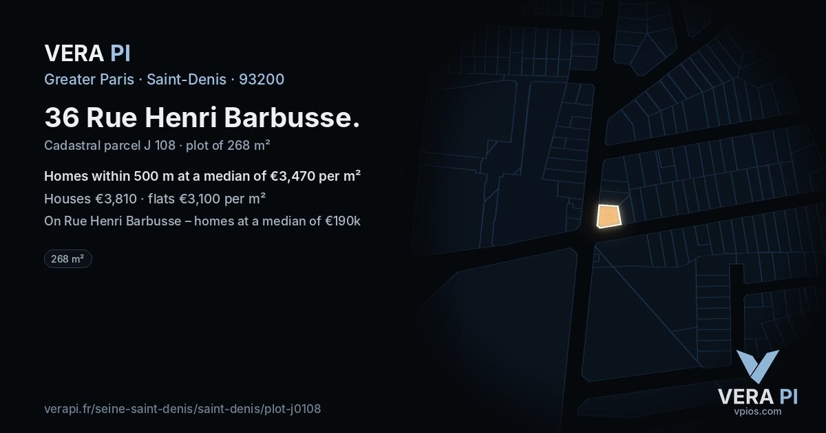 36 Rue Henri Barbusse, Saint-Denis at night – the plot lit, the parcels around coloured by the prices near them