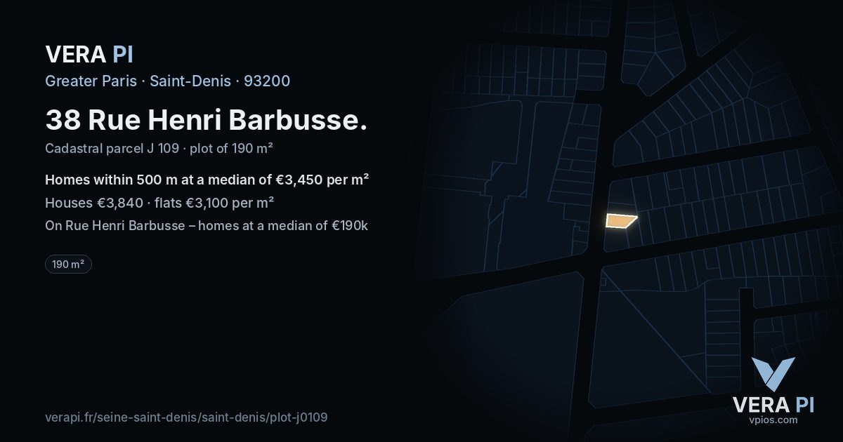 38 Rue Henri Barbusse, Saint-Denis at night – the plot lit, the parcels around coloured by the prices near them