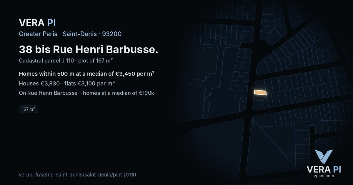 38 bis Rue Henri Barbusse, Saint-Denis at night – the plot lit, the parcels around coloured by the prices near them