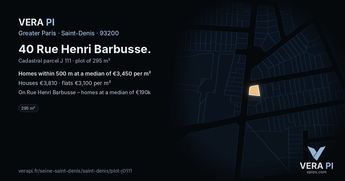 40 Rue Henri Barbusse, Saint-Denis at night – the plot lit, the parcels around coloured by the prices near them