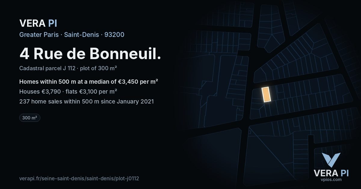 4 Rue de Bonneuil, Saint-Denis at night – the plot lit, the parcels around coloured by the prices near them