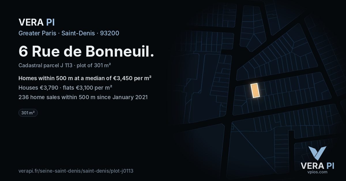 6 Rue de Bonneuil, Saint-Denis at night – the plot lit, the parcels around coloured by the prices near them