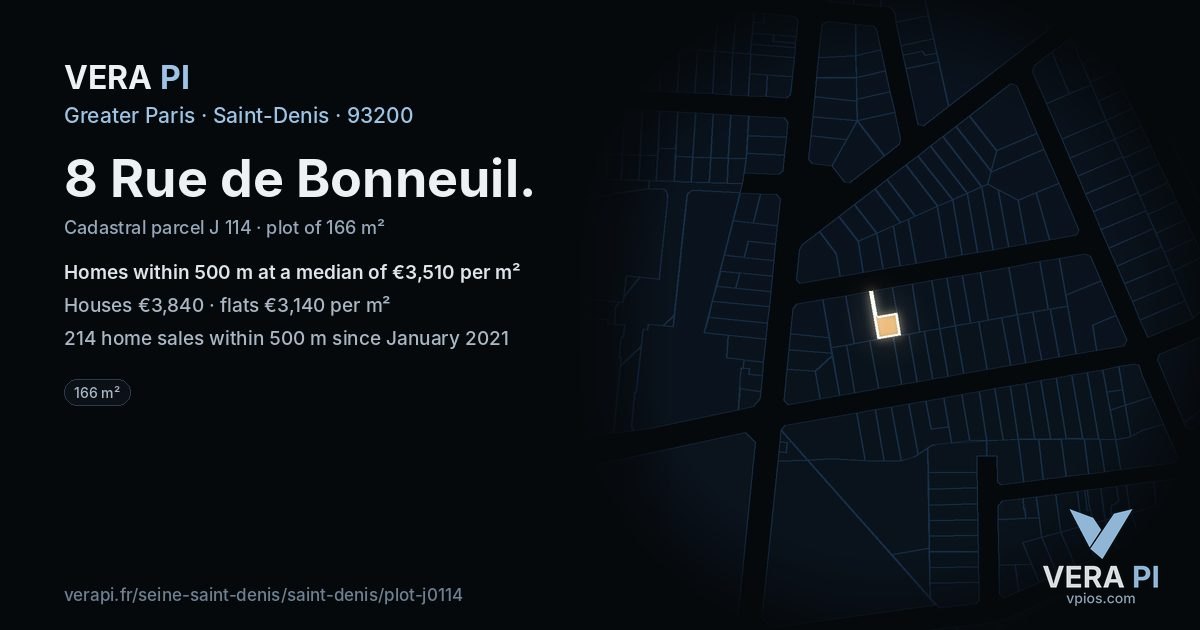 8 Rue de Bonneuil, Saint-Denis at night – the plot lit, the parcels around coloured by the prices near them