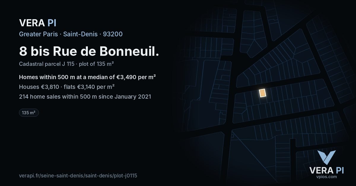 8 bis Rue de Bonneuil, Saint-Denis at night – the plot lit, the parcels around coloured by the prices near them